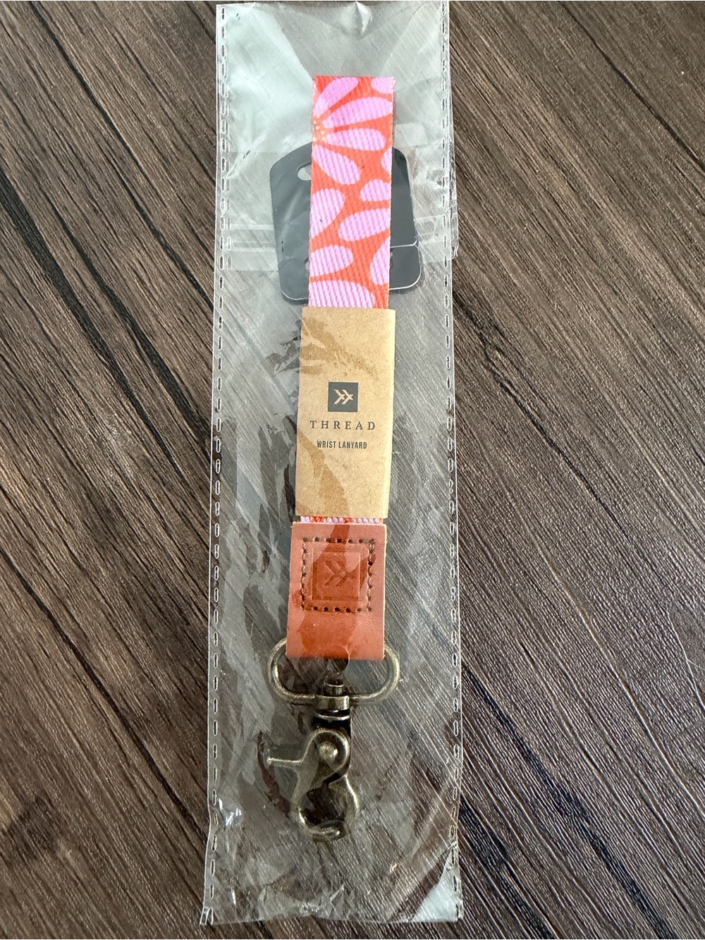 THREAD Pink Patterned Wrist Lanyard with Tan Leather Accent